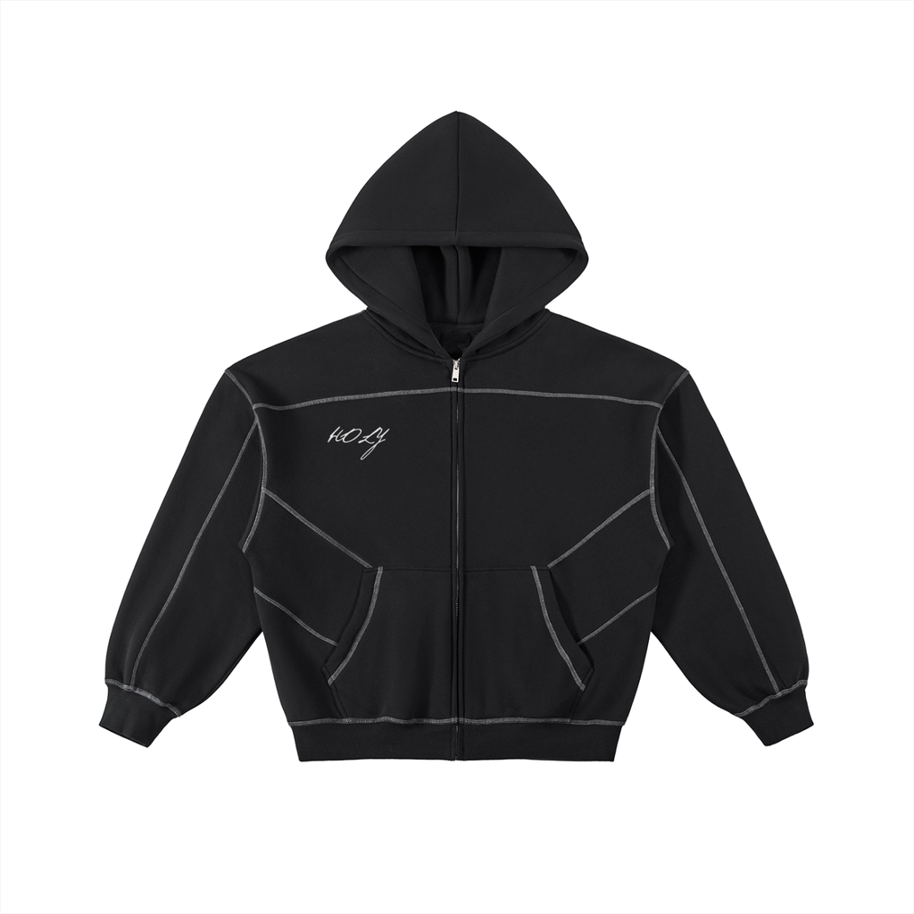 Contrast-Stitched Boxy Fleece Zip Hoodie
