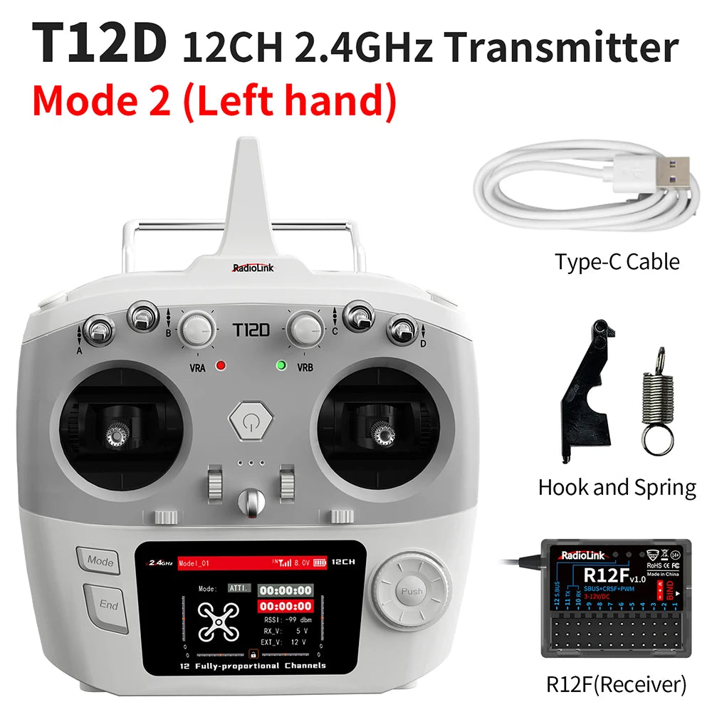 RadioLink T12D 12CH RC Transmitter 2.4GHz 2.8Inch 4000M Distance with R12F Receiver for FPV Drone Fixed Wing Car Boat Robot