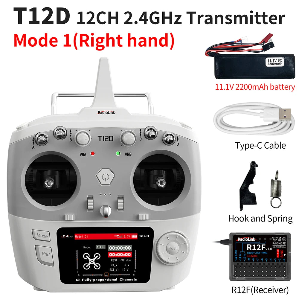 RadioLink T12D 12CH RC Transmitter 2.4GHz 2.8Inch 4000M Distance with R12F Receiver for FPV Drone Fixed Wing Car Boat Robot