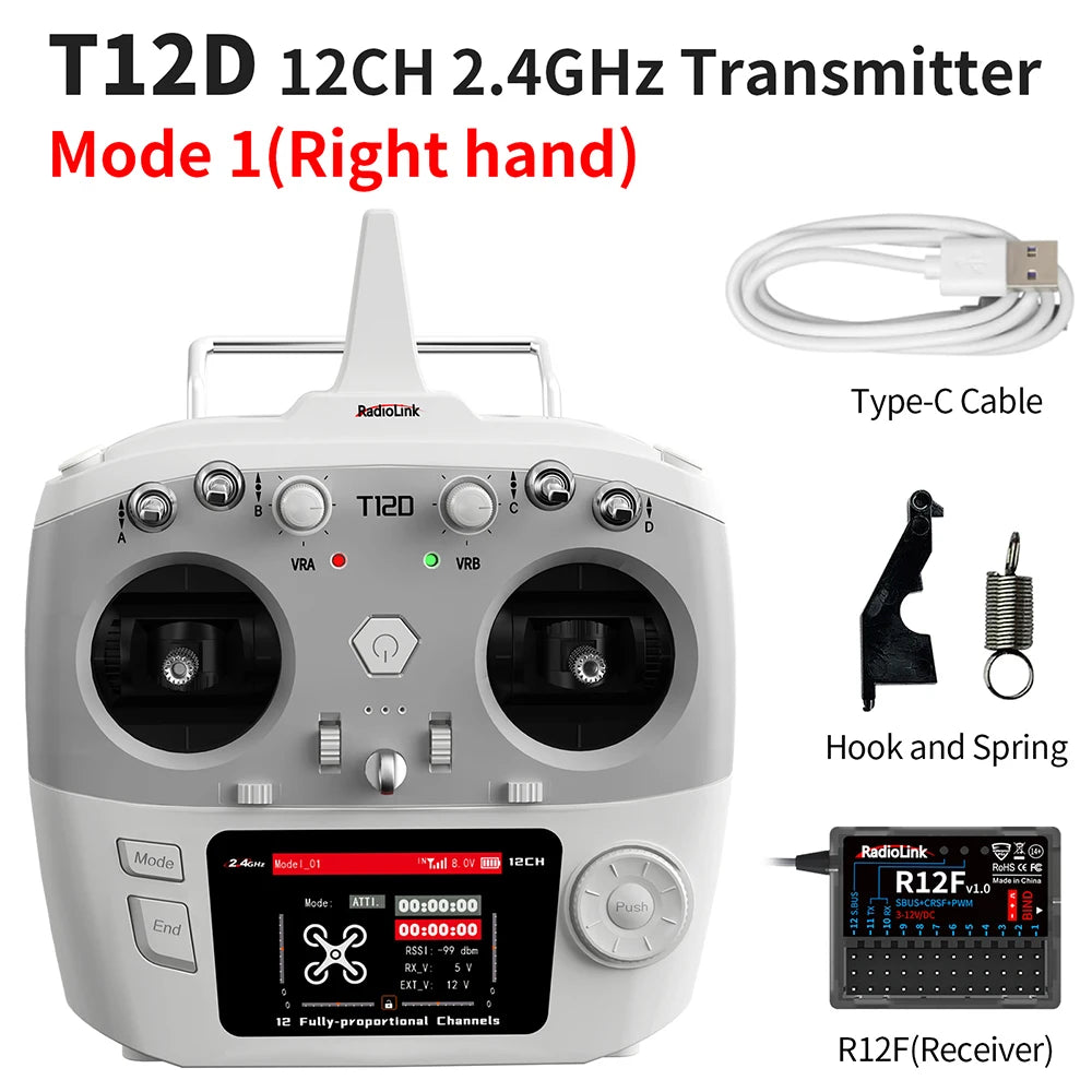RadioLink T12D 12CH RC Transmitter 2.4GHz 2.8Inch 4000M Distance with R12F Receiver for FPV Drone Fixed Wing Car Boat Robot